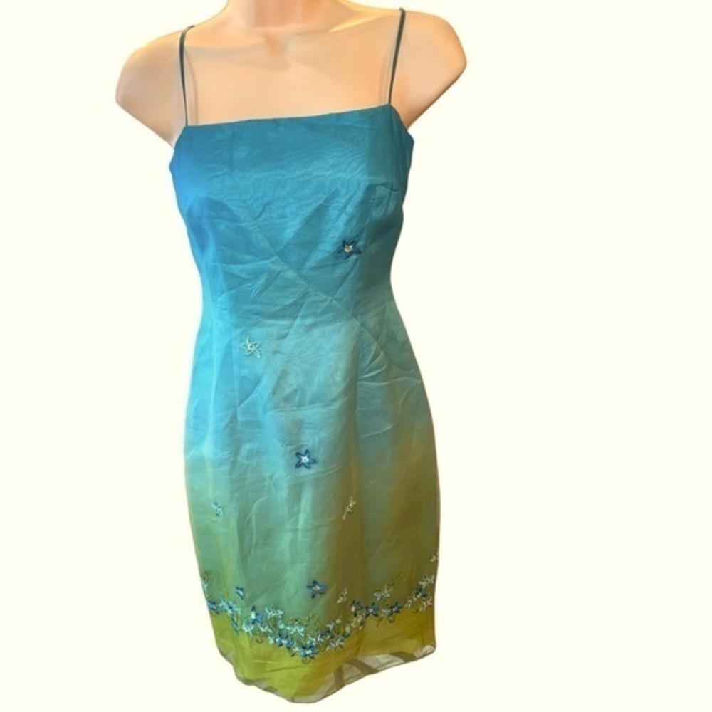 Y2K Laundry By Shelli Segal Dress Ombre Silk Flower Embroidered Cocktail Prom